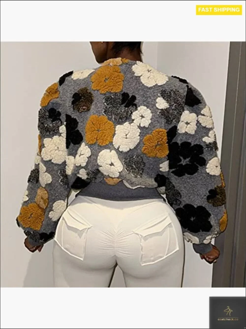 Cropped Floral Fleece Bomber Jacket Puff Sleeve Vintage Y2K Casual Outerwear - Picture 2 of 7